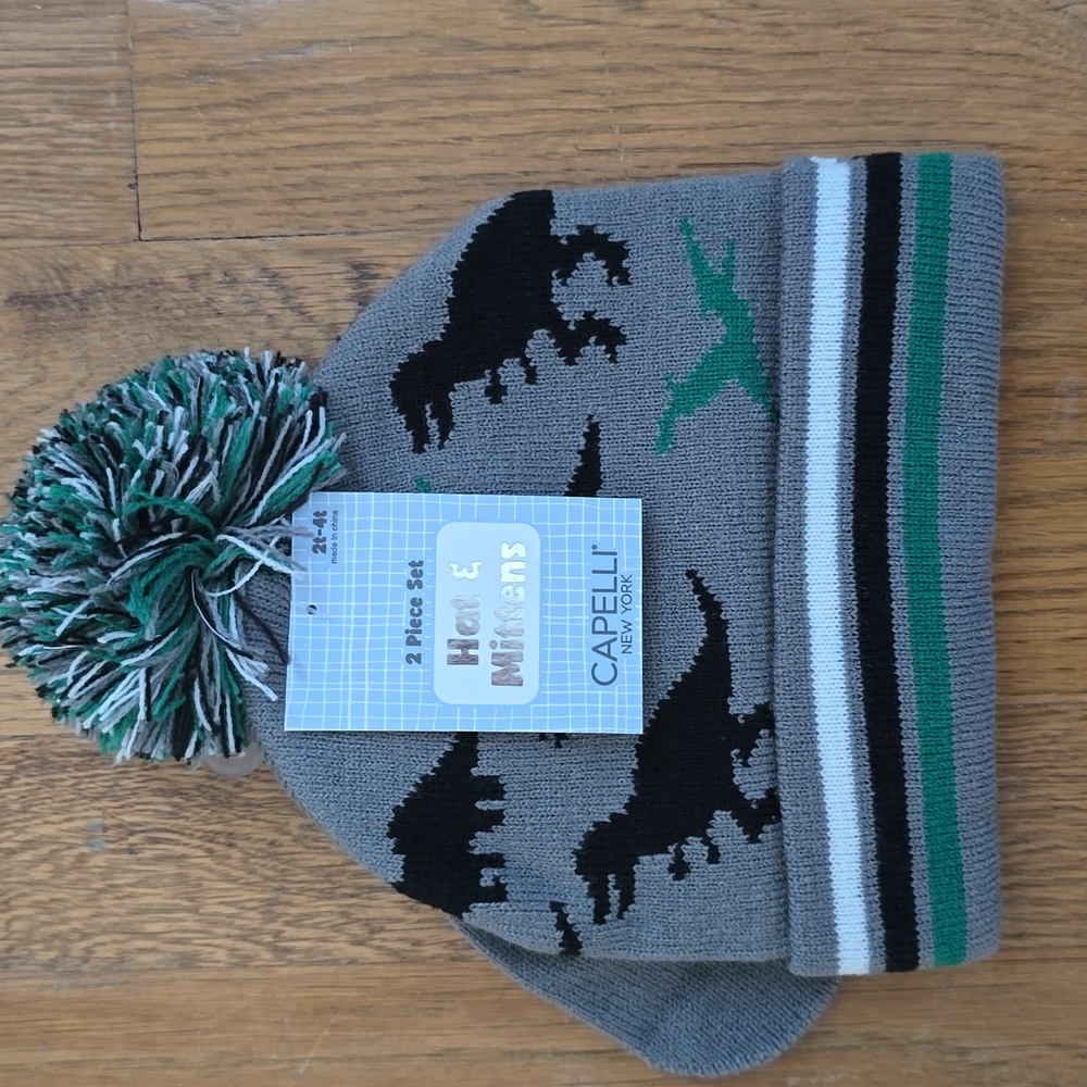 CAPELLI OF NEW YORK BRAND BOYS GRAY & BLACK DINOSAUR WINTER HAT & MITTENS 2T-4T